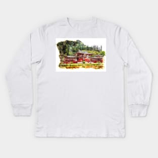 Japanese Temple ❤ Watercolor Sketch Art Style Kids Long Sleeve T-Shirt